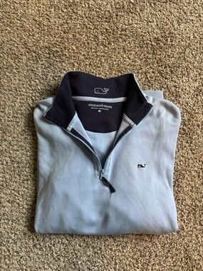 Vineyard Vines Men's Pale Blue Quarter-Zip with Navy Collar